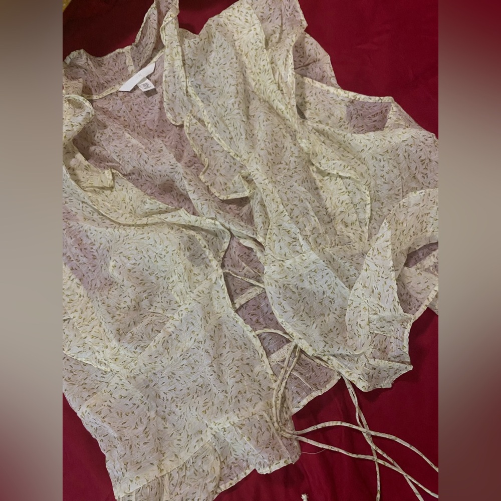 Sheer Floral Blouse Cottagecore Flowy Summer Cute with Tie Details XL